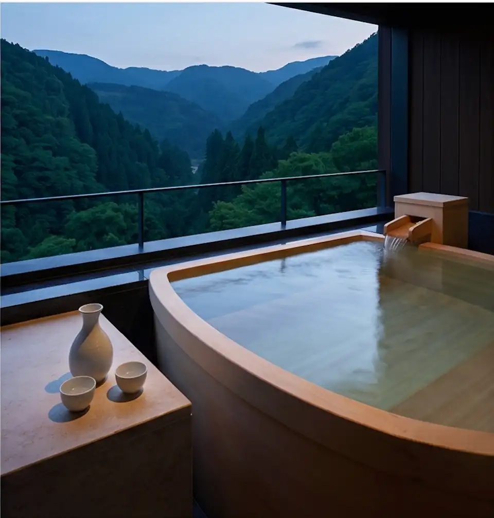 Editorial illustration of a private onsen bath overlooking forested mountains.