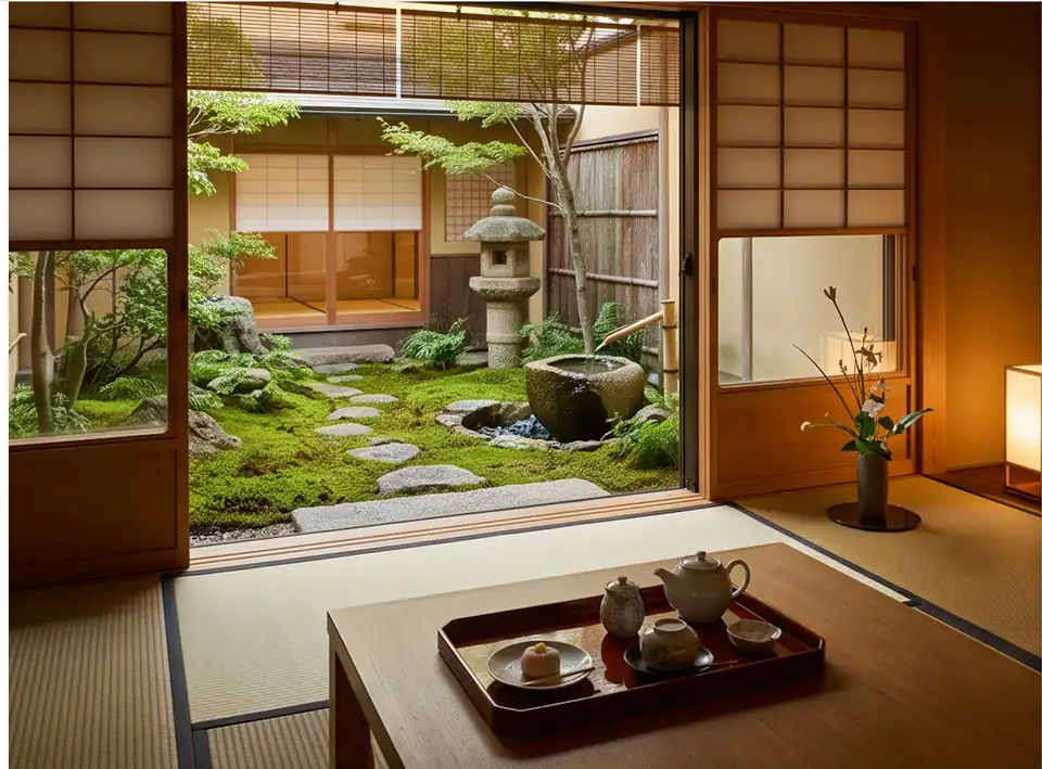 Editorial illustration of a Japanese-style guest room and garden.