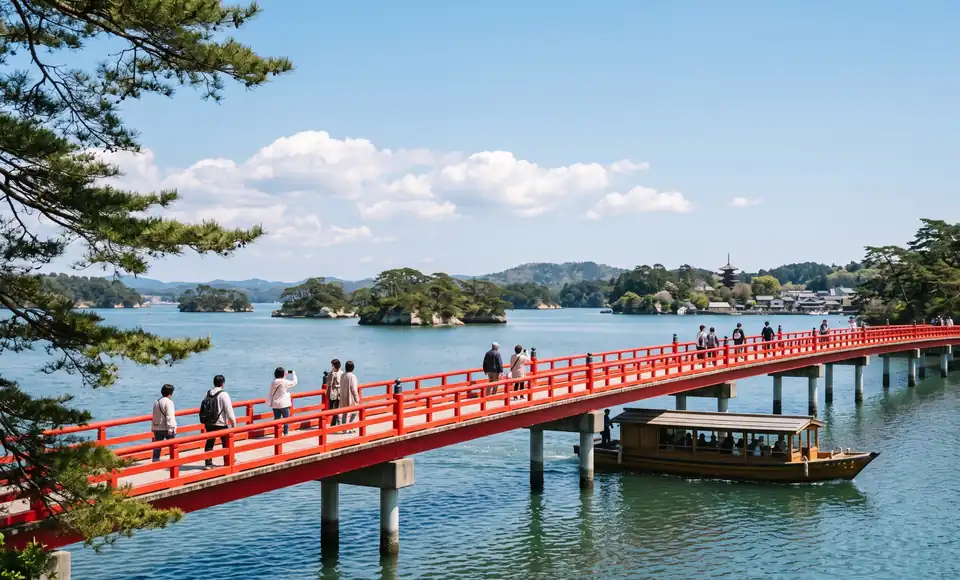 Editorial illustration of Matsushima Bay with pine-covered islands and a red bridge.