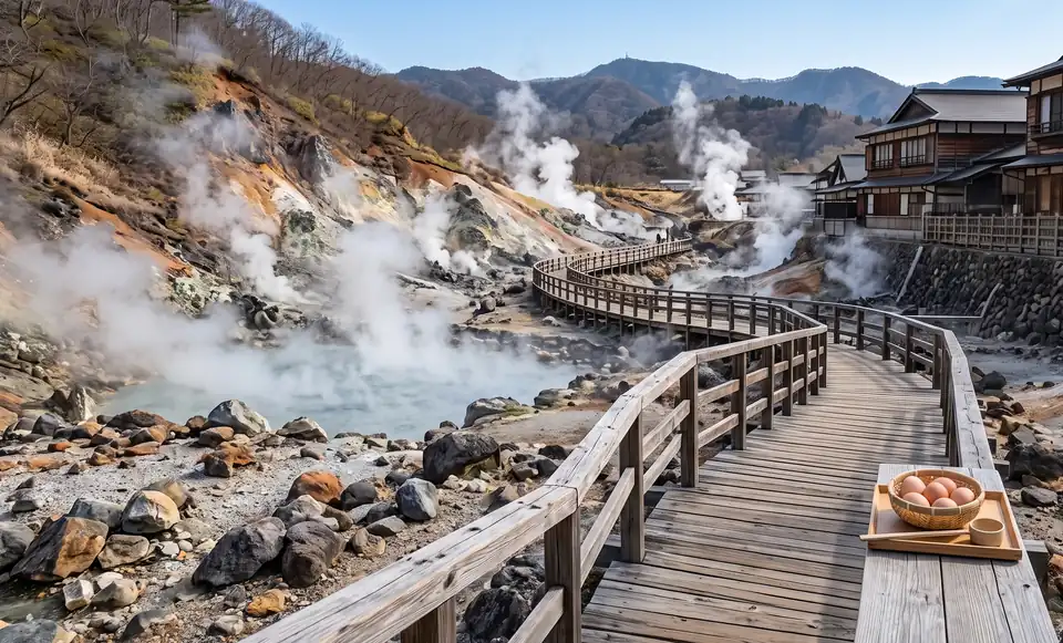 Editorial illustration of a volcanic valley with steam vents and a wooden walkway.