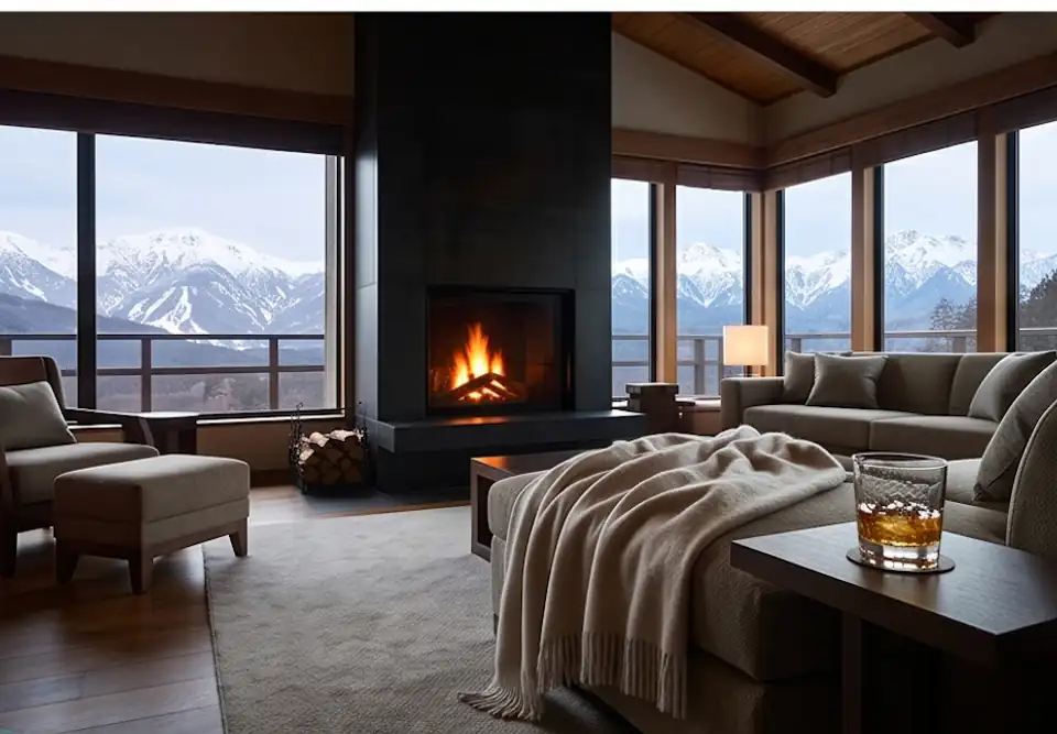 Editorial illustration of a warm mountain-lodge interior with snowy peaks outside.