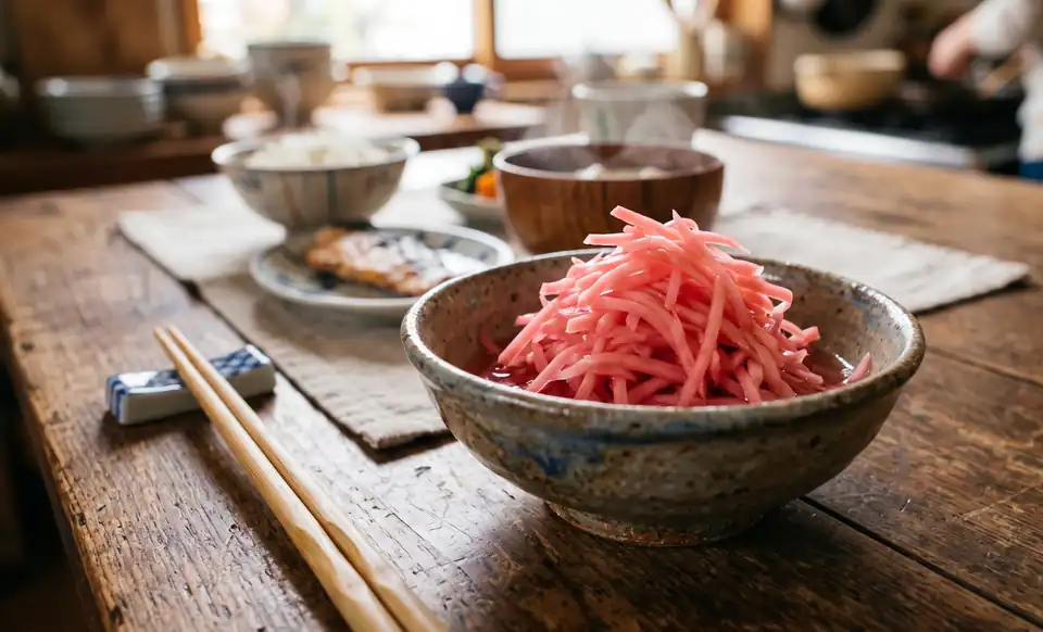 Editorial illustration of pink pickled ginger served in a ceramic bowl.