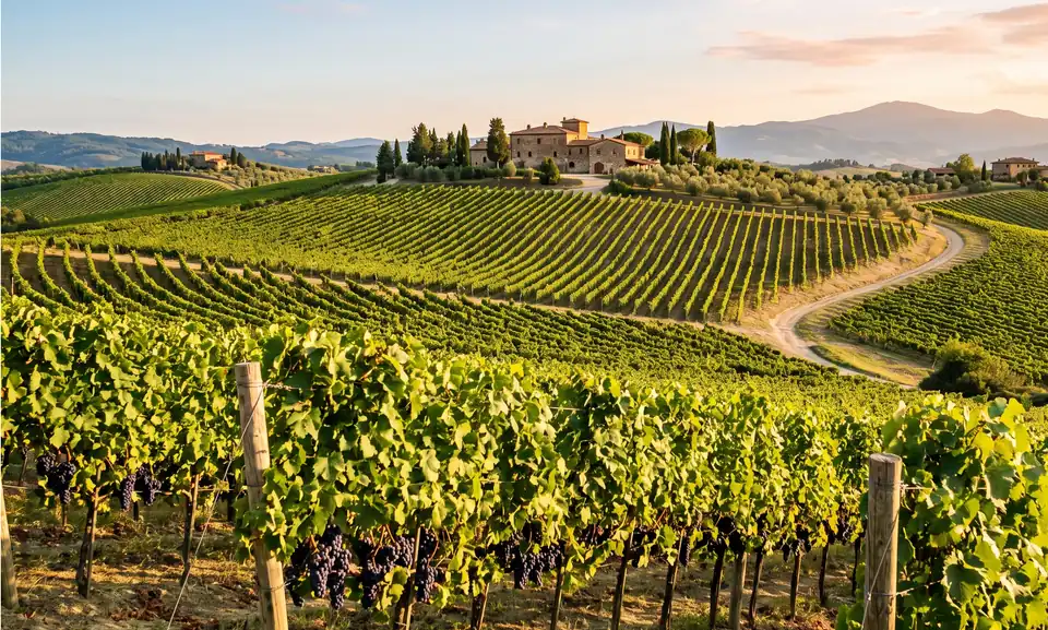 Editorial illustration of vineyard rows across a sunlit rural landscape.