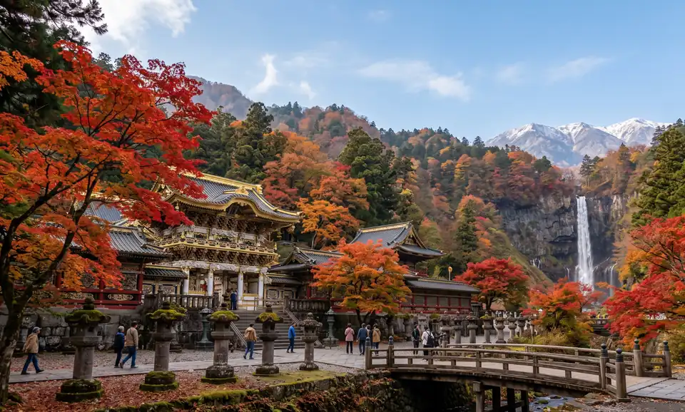Editorial montage combining temple, autumn forest, mountain and waterfall motifs associated with Tochigi travel.