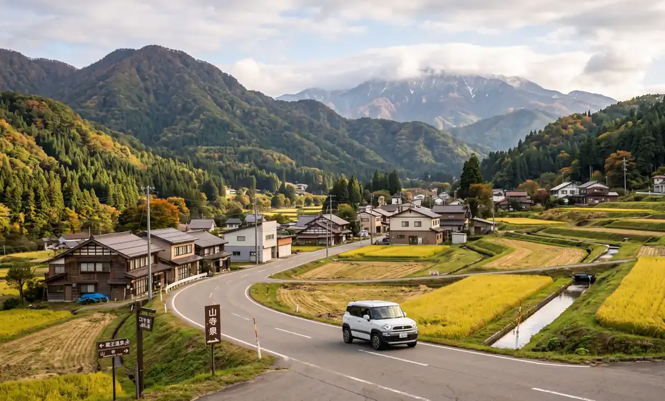 Editorial illustration of a road through rural Yamagata with fields and mountains.